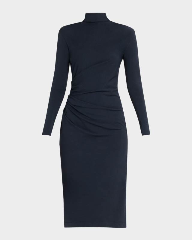 Synched-Waist Wool Jersey Long-Sleeve Midi Dress